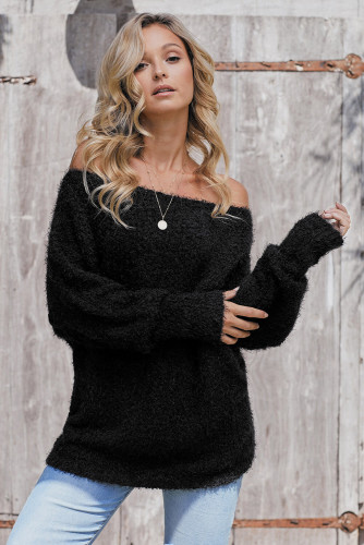 Black Off The Shoulder Popcorn Knit Sweater
