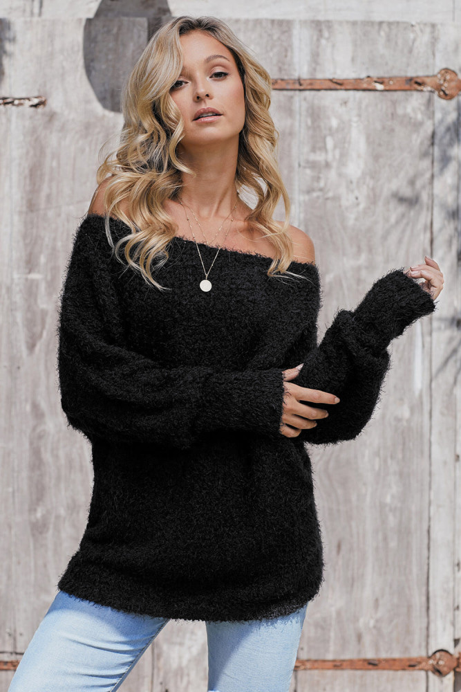 Black Off The Shoulder Popcorn Knit Sweater