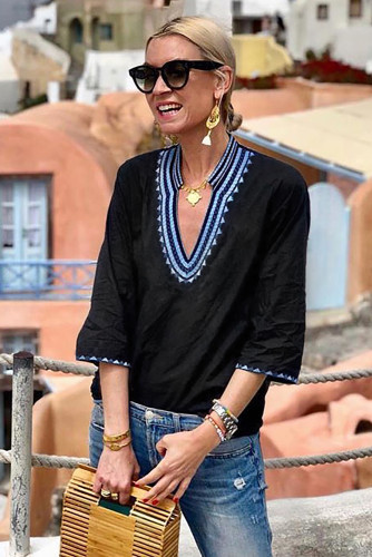 Blue Ethnic Embroidery Blouse