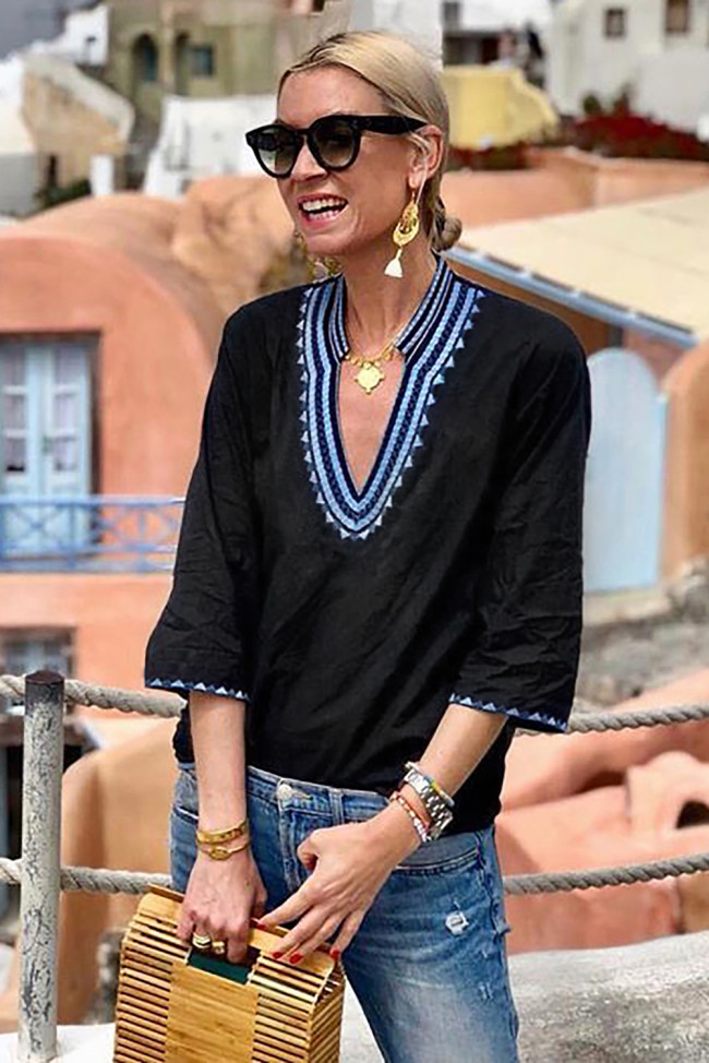 Blue Ethnic Embroidery Blouse