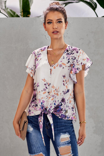 Purple Button Down V Neck Ruffle Cap Sleeve Tie Knot Blouse