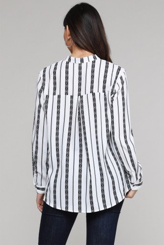 Black V Neck Striped Button Down Blouse