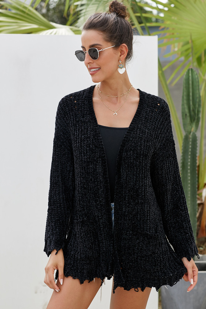 Black Chenille Knit Destroyed Cardigan Sweater