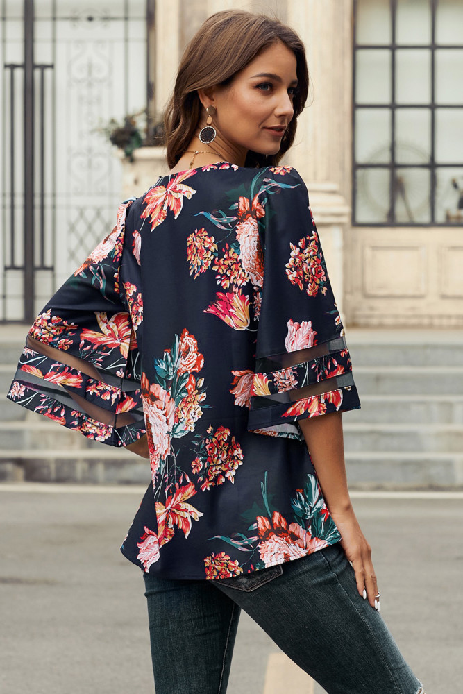 Red 3/4 Flared Sleeve Floral Blouse