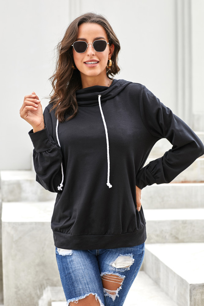 Black Long Sleeve Hoodie with Rope Drawstring