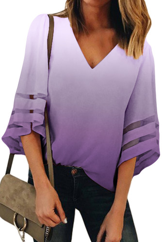 Purple Ombre Bell Sleeve V Neck Relaxing Fit Blouse