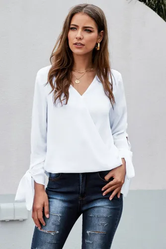 White V Neck Ruched Tie Sleeve Top