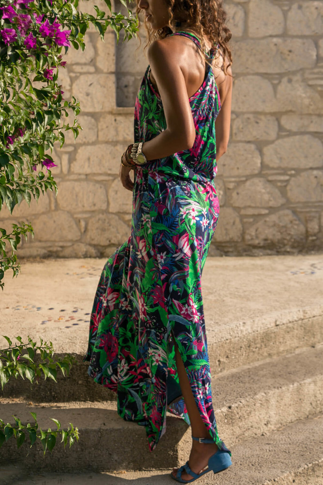 Green Twist Hollow-out Back Long Tank Dress with Print