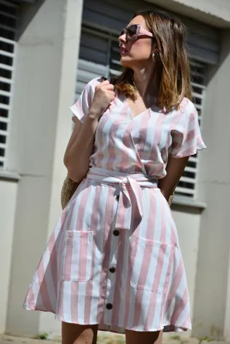 Pink Fashion Stripe Short Sleeve Casual Dress