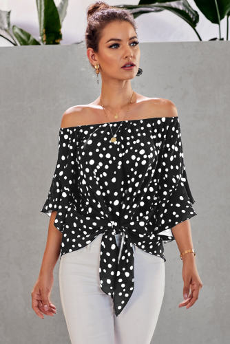 Black Polka Dot 3/4 Bell Sleeve Off Shoulder Front Tie Knot Top