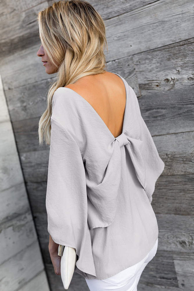Gray V-Neck Bowknot Three-Quarter Sleeve Blouse