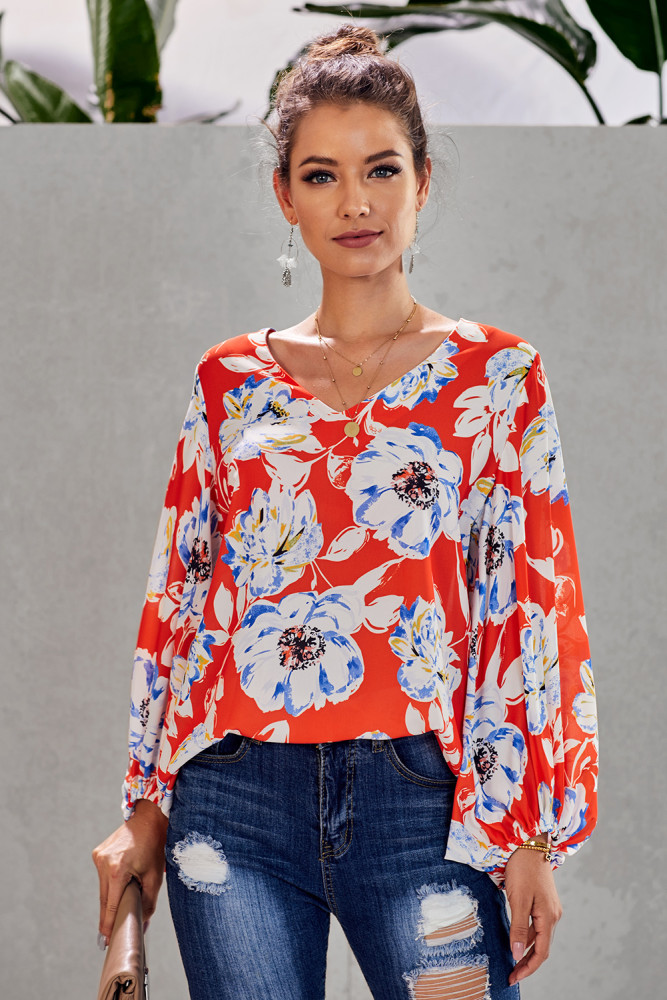Orange Boho Print Balloon Sleeve Blouse