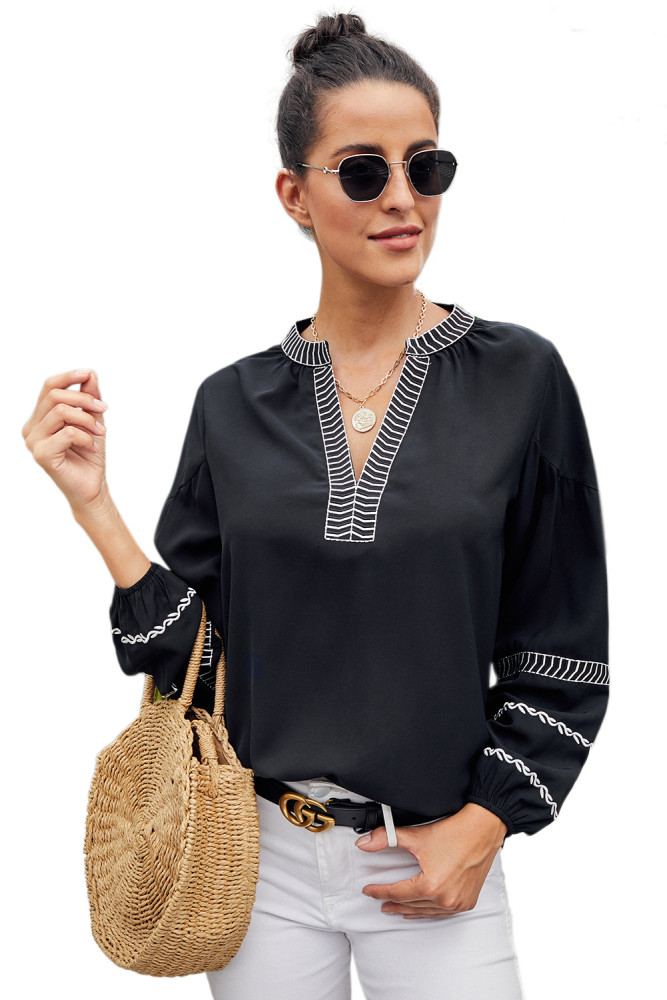 Black V Neck Bohemian Printed Lantern Sleeve Blouse