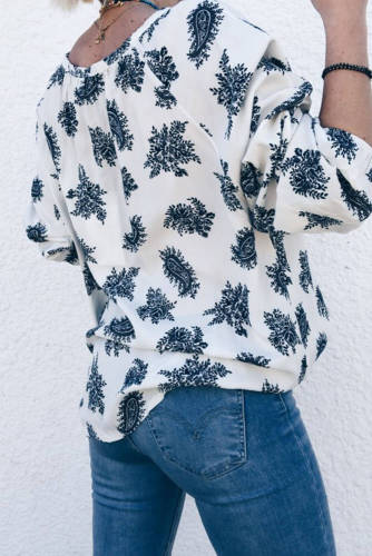 Blue 3/4 Sleeve Print V Neck Loose Casual Blouses Top