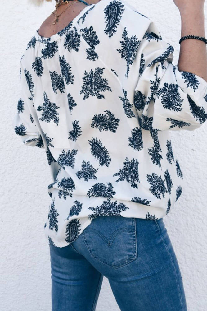 Blue 3/4 Sleeve Print V Neck Loose Casual Blouses Top