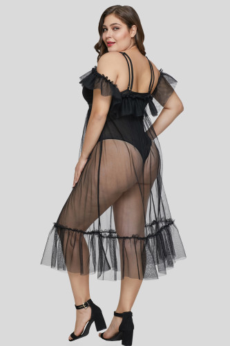 Black Plus Size Teddy Lingerie with Tulle Layer