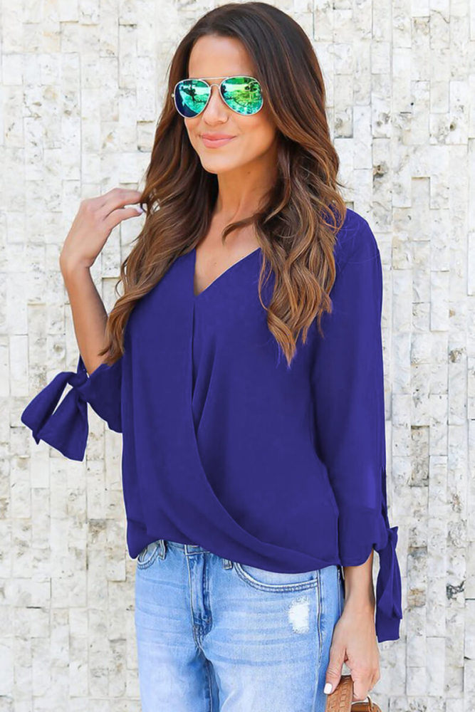 Blue V Neck Ruched Tie Sleeve Top