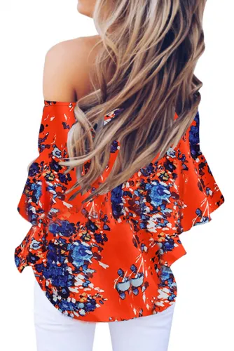 Orange Off Shoulder Floral Tie Front High Low Chiffon Blouse
