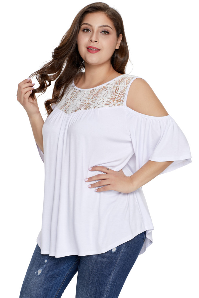 White Plus Size Crochet Yoke Cold Shoulder Top