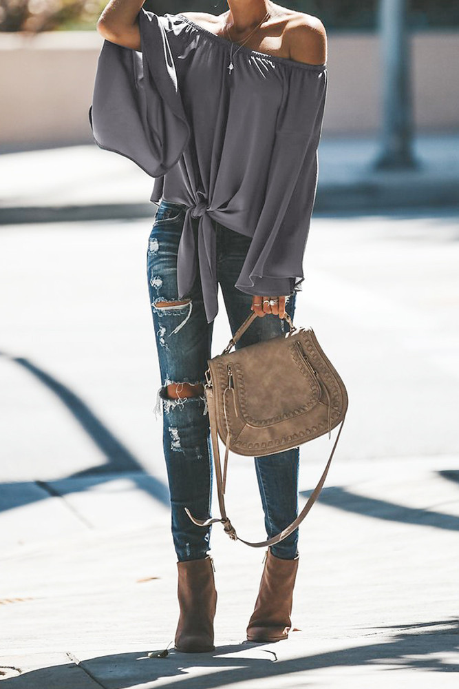 Gray Off The Shoulder Bell Sleeve Tie Blouse