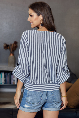 Blue Striped Wrap Button Up Shirt
