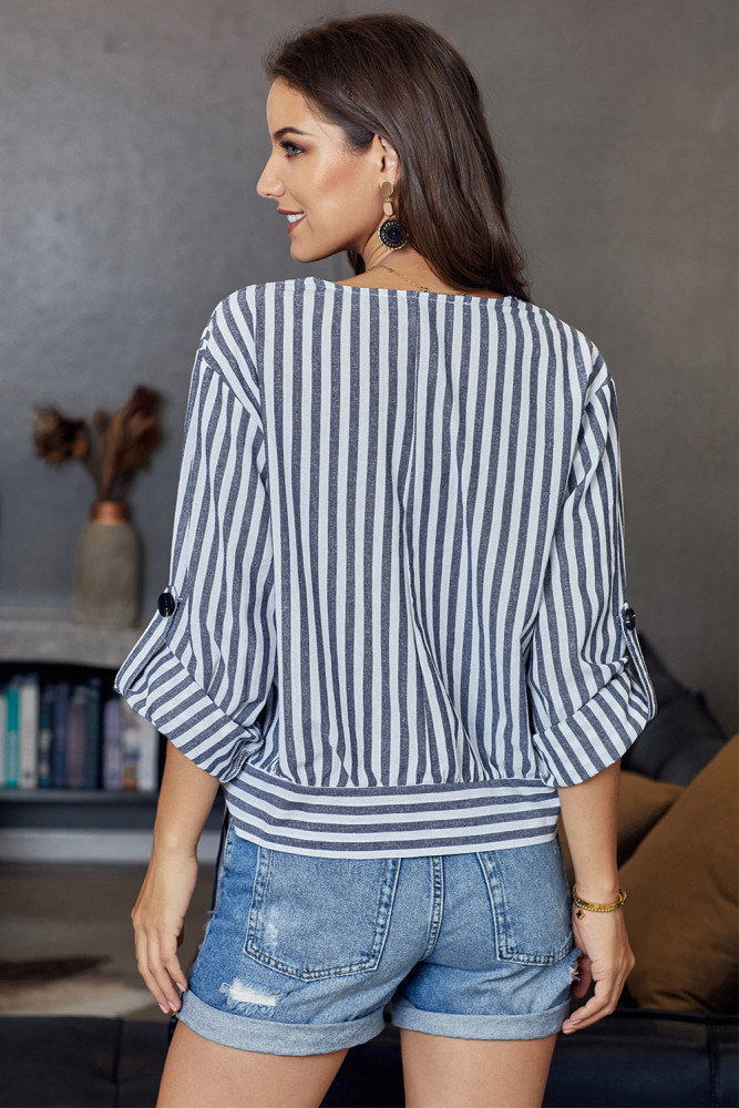 Blue Striped Wrap Button Up Shirt