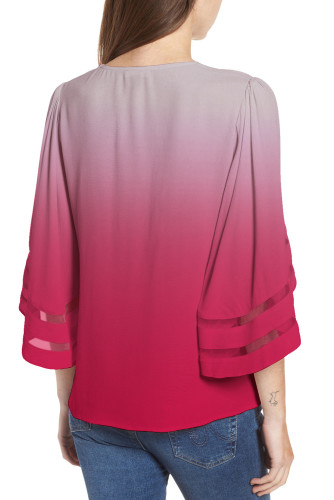 Red Ombre Bell Sleeve V Neck Relaxing Fit Blouse