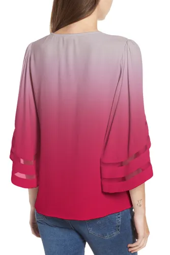 Red Ombre Bell Sleeve V Neck Relaxing Fit Blouse