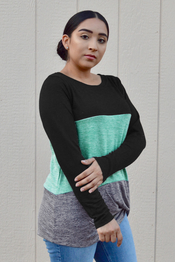 Green Color Block Crew Neck Blouse