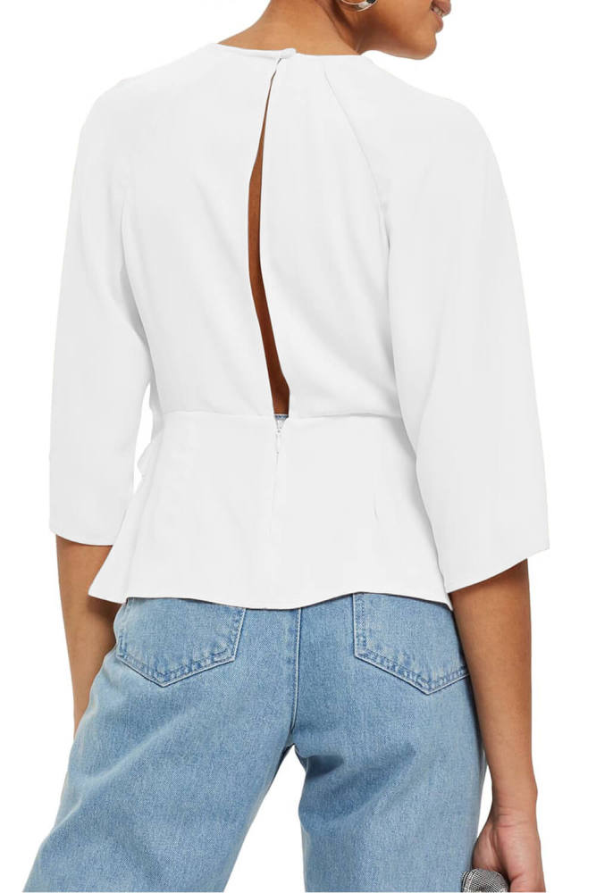 White Waist Tie Front Flare Sleeve Blouse