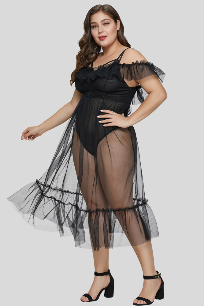 Black Plus Size Teddy Lingerie with Tulle Layer