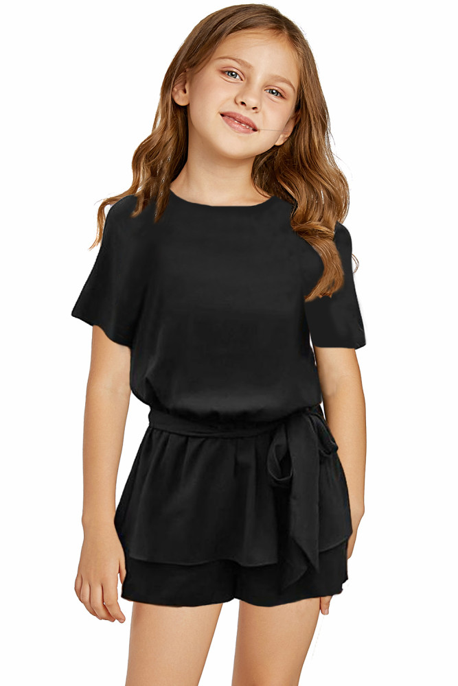 Black Keyhole Back Belted Peplum Girls Romper