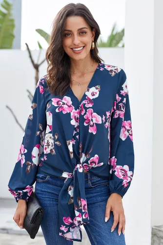 Rose V Neck Long Sleeve Tie Front Blouse