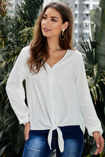 White Button up Long Sleeves Top with Front Tie