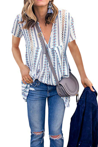 White Boho Floral Printed V Neck Short Sleeve Blouse