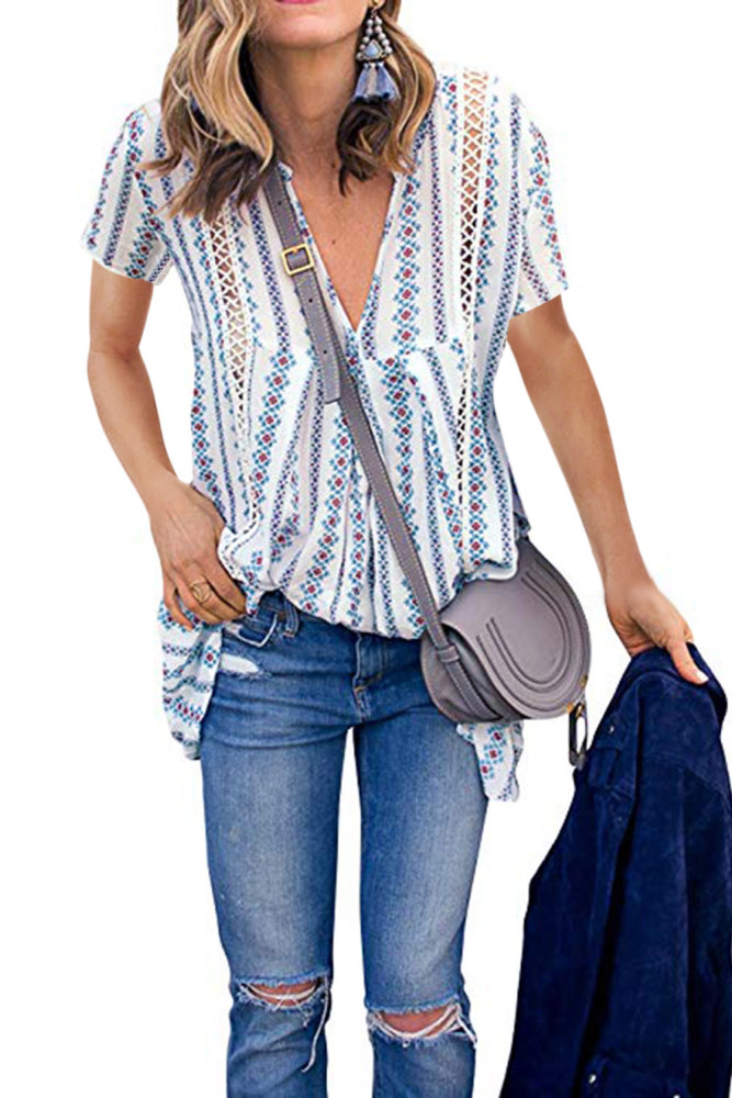 White Boho Floral Printed V Neck Short Sleeve Blouse