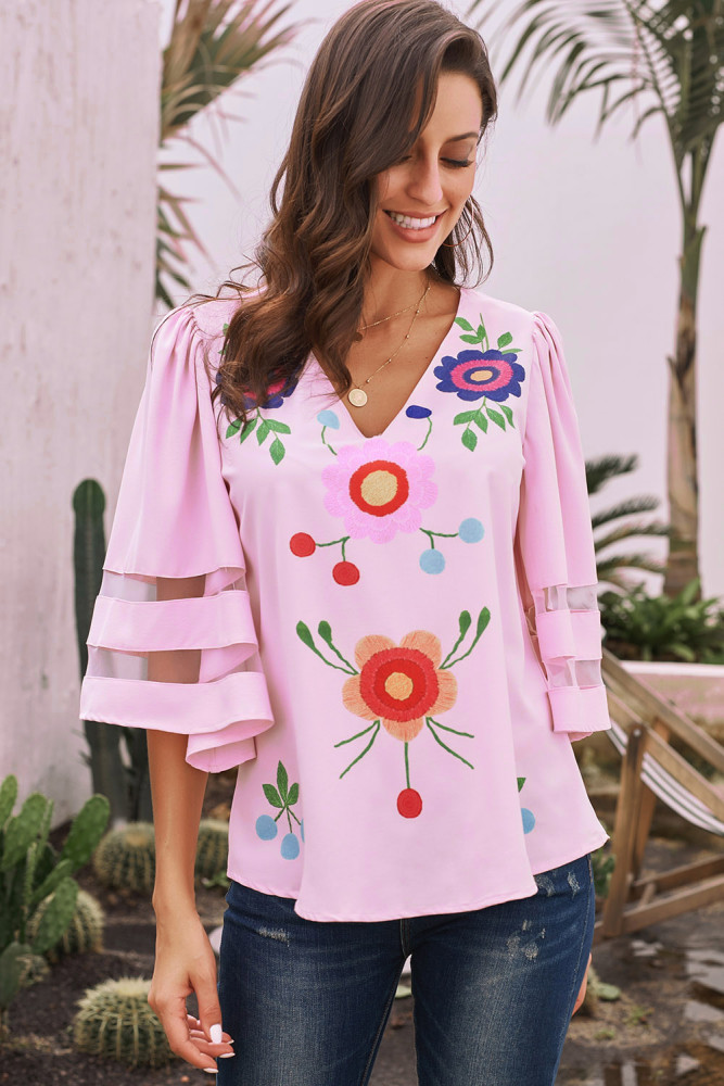 Pink Sexy V Collar Floral Print Bell Sleeve T-shirt Blouse