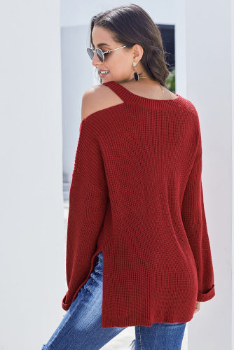 Red Asymmetric Cut out Shoulder Pullover Sweater