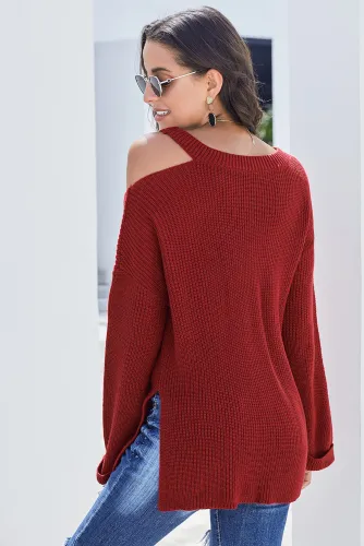 Red Asymmetric Cut out Shoulder Pullover Sweater