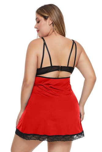 Red Plus Size Lace Neckline Lingerie Dress with Thong