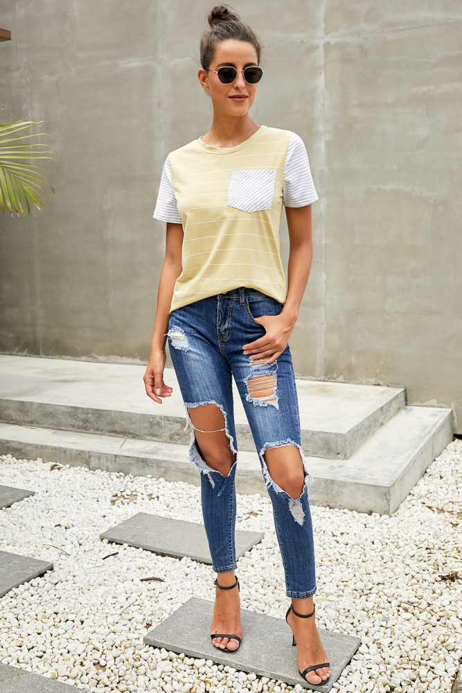 Yellow Striped Short Sleeve Contrast Color T-Shirt with Pocket