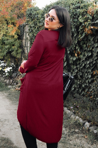 Red Selected Button Down Pocketed High Low Cardigan