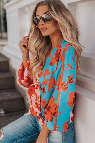 Deep V Neck Wrap Color Block Base Floral Print Blouse