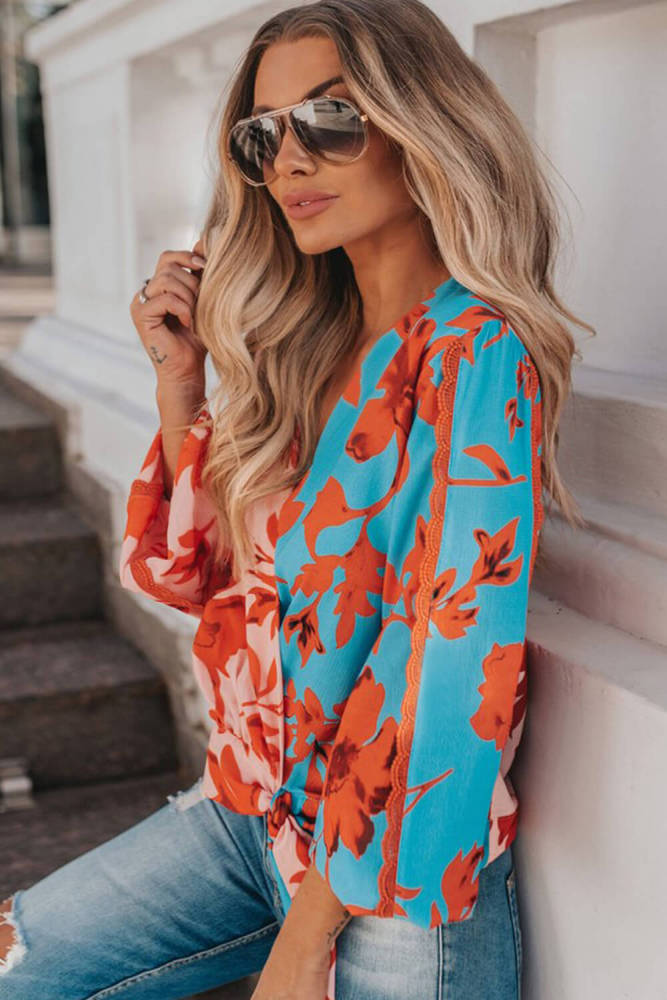 Deep V Neck Wrap Color Block Base Floral Print Blouse