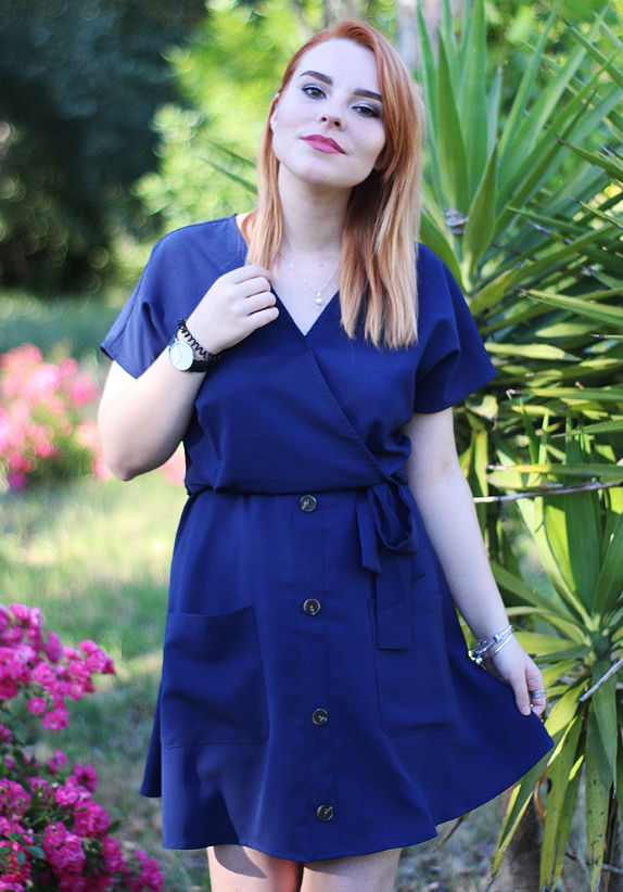 Blue Button Short Sleeve Casual Dress