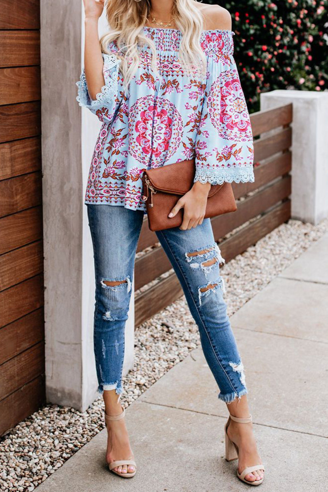 Blue Secret Escape Off The Shoulder Printed Top