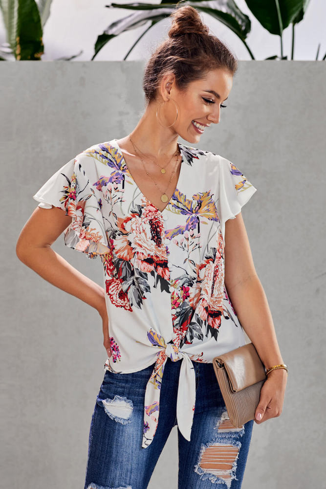 White Button Down V Neck Ruffle Cap Sleeve Tie Knot Blouse
