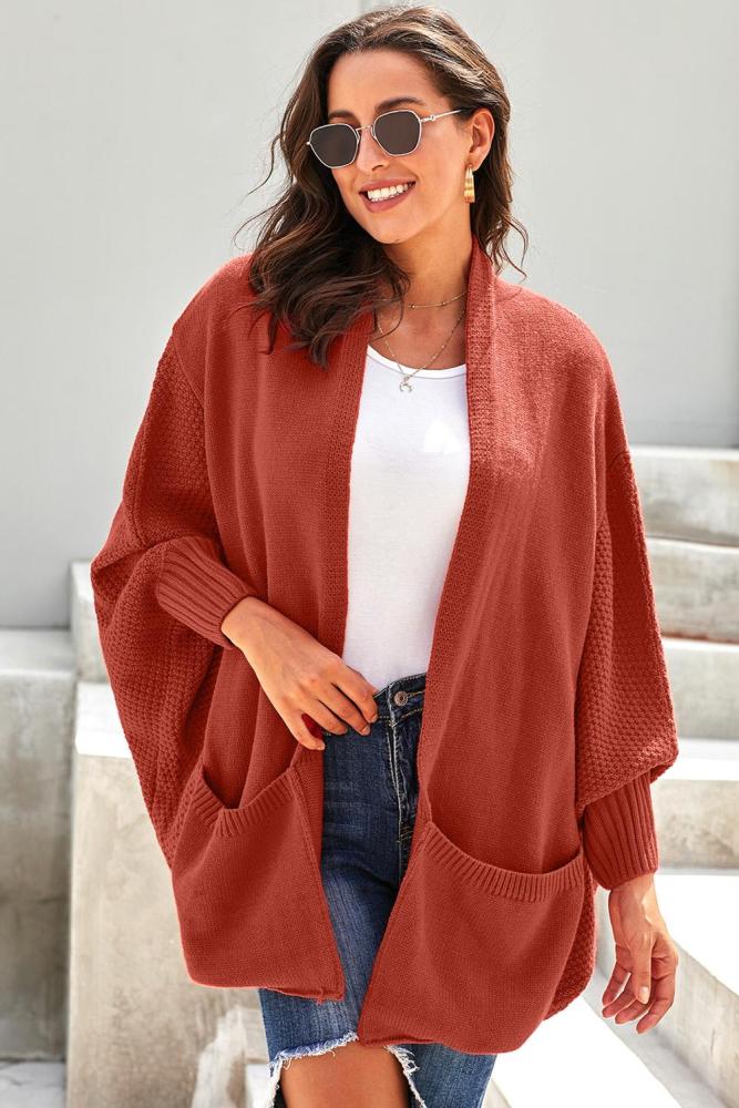 Orange Patch Pockets Batwing Sleeve Cardigan