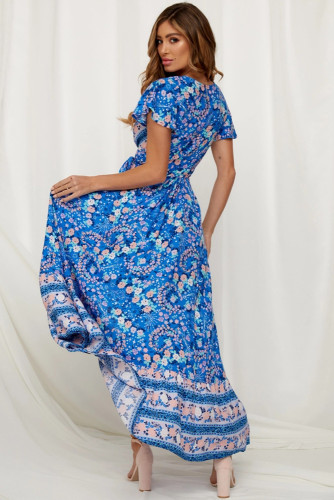 Blue V-Neck Beach Resort Printed Dress