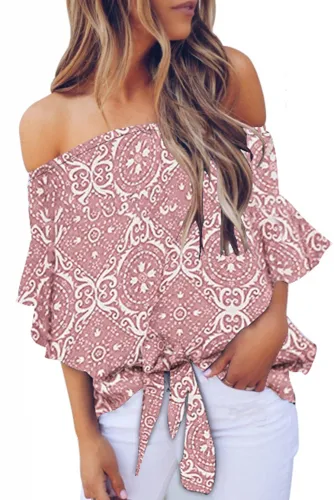 Pink Bohemian Floral Print Off The Shoulder Blouse